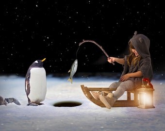 Penguin Ice Fishing Digital Backdrop