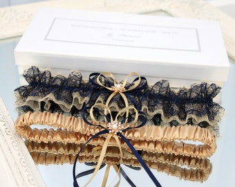 navy gold garter set, navy garter set, gold garter set, navy garter, gold garter, navy wedding garter set, gold wedding garter set, handmade