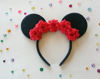 Red Rose Minnie Ears, Flower Minnie Ears, Disney Ears, Red rose mouse ears,