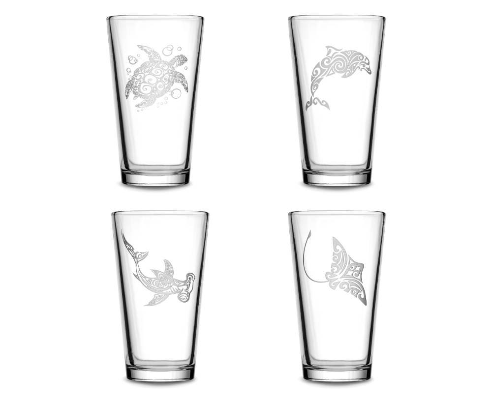 Set of 4, Etched Pint Glasses, 15.3oz Beer Glass, Sand Carved, Tribal Sea Turtle, Dolphin, Hammerhead Shark, Stingray, by Integrity Bottles