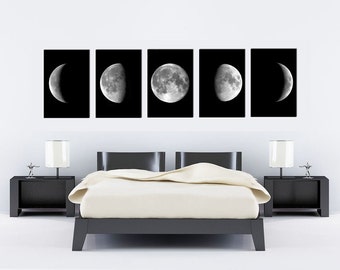 Moon print moon phases moon poster wall art print wall art decor black and white minimalism bedroom design bedroom decor SET of 5