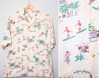 1940s Light Yellow Surfer Hula Girl Print Hawaiian Shirt | Size Large