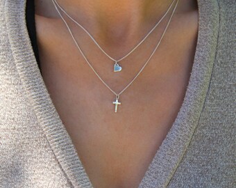 Cross Necklace / Cross Heart necklace set / Sterling silver cross necklace / love heart cross pendant set / layering necklace