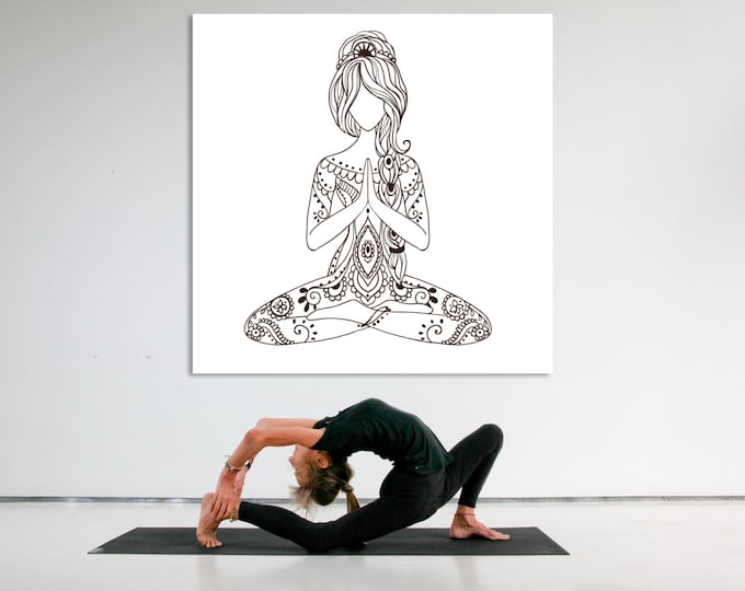 Meditating girl abstract wall art for yoga studio or home decor, namaste girl in lotus posture canvas print, yoga wall art
