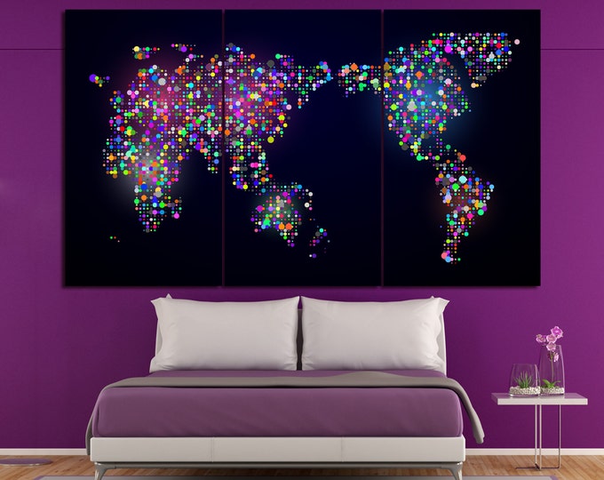 Modern Abstract World Map Print, Large Wall Art, coloful world map canvas / 1,3 or 5 Panels on Canvas Wall Art for Home & Office Decoration