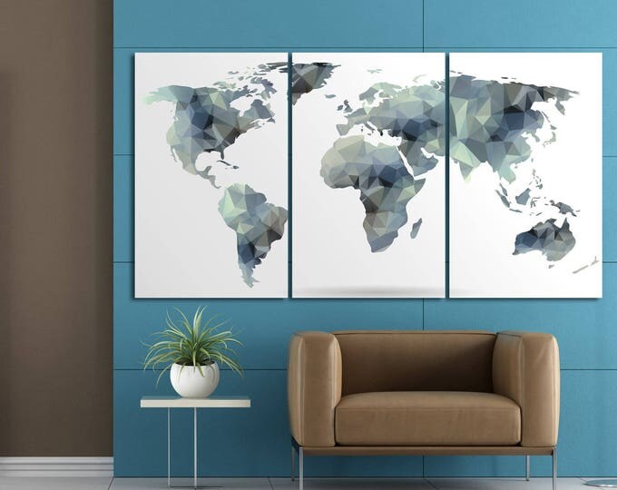 Large Gray Abstract World Map, Gray world map Abstract Wall Art, Gray Geometric Map of 3 or 5 Panels on Canvas Wall Art for Home Decoration