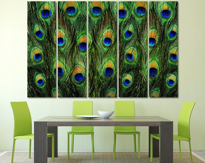 Large green peacock feathers wall art print set on canvas for home, peacock wall art psychedelic fine art canvas print set of 3 or 5 panels