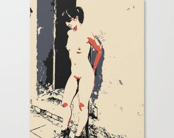 Erotic Art Canvas Print - Tied outdoors, unique sexy pop art style print, Perfect nude girl in seducing pose, sensual high quality artwork