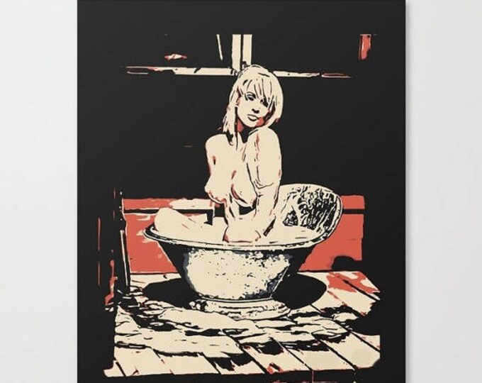 Erotic Art Canvas Print - Milky Bath, unique sexy conte style print, perfect shapes girl bathing sexy image, sensual high quality artwork
