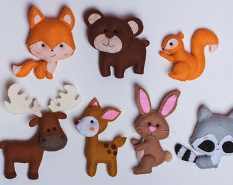 Woodland felt natural stuffed animals Bear toy Forest plush bear Elk Nursery decor Ornament Gift for kids Magnet Baby Gift Mobile Play Set