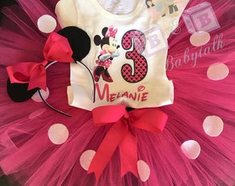 Minnie Mouse Birthday Outfit, Minnie Mouse, Custom Minnie Mouse Outfit, Pink and White Polka Dot, Minnie Mouse Ears, Pink Tutu, Minnie Shirt