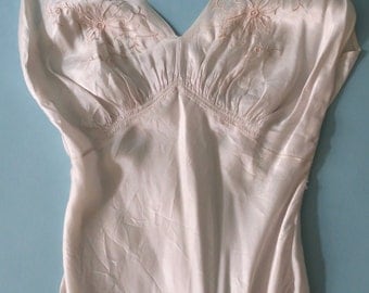Vintage 1930s liquid silk bridal bias cut gown or slip with embroidery XS - white 30s maxi dress or night gown