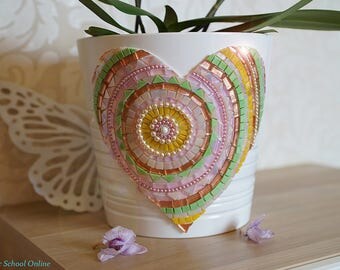 Flower pot mosaic Flower pot - planter with mosaic heart. Mosaic garden art, handmade mosaic art,