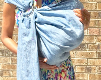 100% Organic Linen Maya Wrap Ring Sling with free engraving on rings. Available in Natural/Undyed, Blue and Red Chambray.