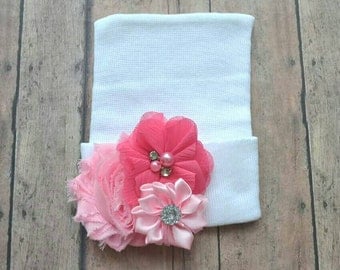 Shades of pink baby hat - newborn girl pink and white hat - baby shower gift - homecoming baby girl hat - valentines baby hat - baby gift