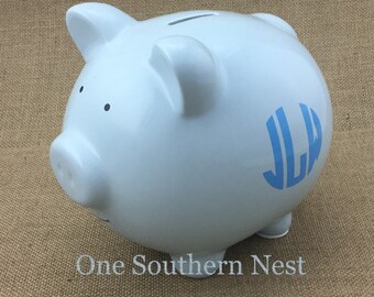Personalized baby blue Pearhead Piggy Bank with monogram or name. The Perfect gift for baby shower, birthday, or Christmas. Baby boy gift.