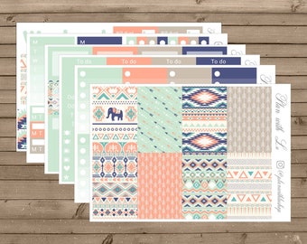 Aztec Mint and Coral Sticker Kit | Happy Planner Sticker Kit | Tribal Sticker Kit | 6 Page Sticker Kit | Weekly Sticker Kit