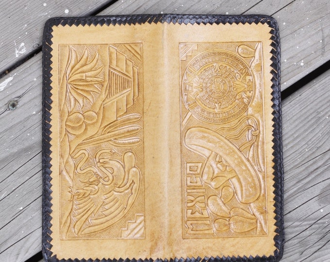 Vintage leather wallet, Mexico tourist wares, tooled travel wallet, Inca temple, Inca calendar, eagle fighting a snake, desert