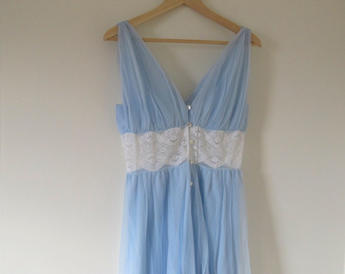 Vintage lingerie, blue nightgown, baby blue lingerie, romantic nighty by Gossard, size Small, wedding honeymoon summer cruise, new old stock
