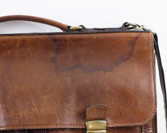 leather laptop bag, vintage chestnut brown Italian leather bag by Old Angler, leather attache, business portfolio