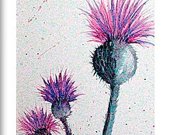 Highland Thistles, original painting in watercolours, complete with mount size is 500mm x 227mm, painting size is 180mm x 450mm