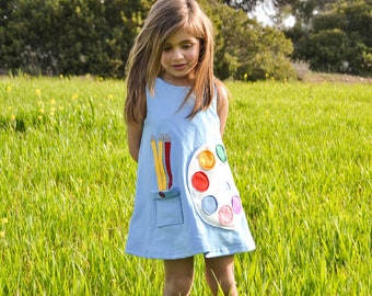 Pallete dress,Back to school dress,Paint dress,Toddler dress,Girl's dress,Summer dress,light blue dress,Happy clothes