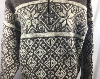 LL Bean Nordic Gray/white 100% Pure New Wool Fisherman Sweater Mens L Button