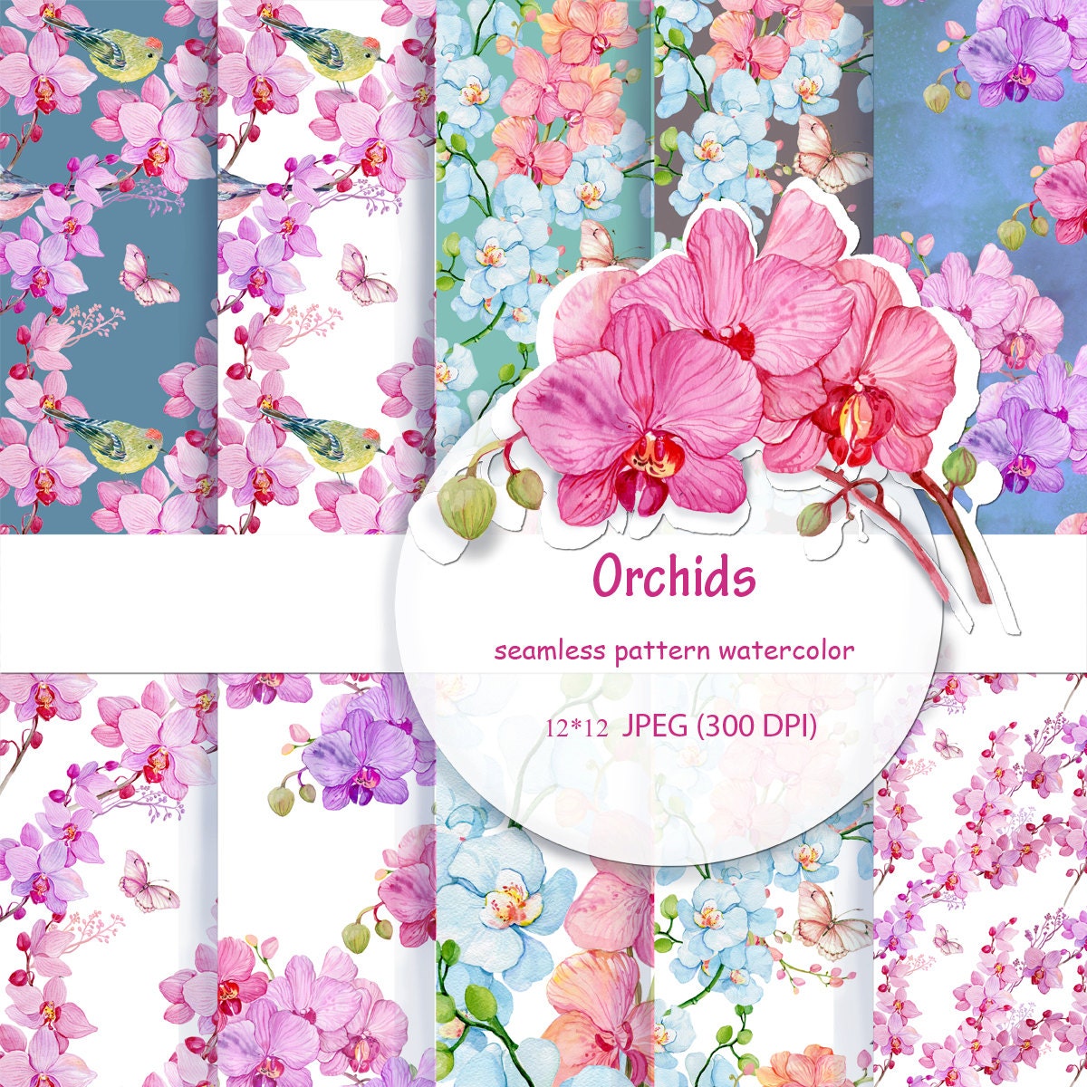 Download seamless pattern watercolor.Orchid flowers 12 x 12 JPEG 300