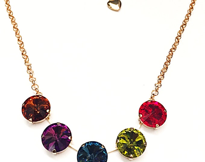 Candy-colored gem tone five stone Swarovski rivoli Crystal 14mm large stone crystal necklace. Put a colorful finish on any look! Her gift!