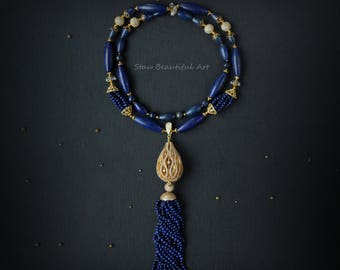 Lapis Lazuli and Rock Crystal Beads Gemstone Necklace Cubic Zirconia High-Quality Details Blue and Gold Gemstone Jewelry