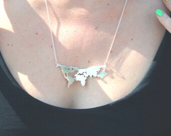 World map necklace in 925 sterling silver