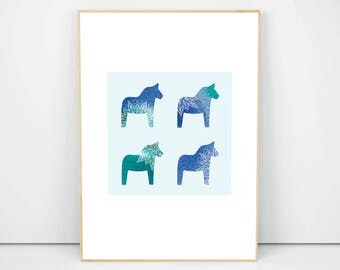 Printed Dala Horse Poster, Dala Horse Art, Swedish Dala Horse, Scandinavian Nursery Decor, Nursery Wall Poster, Symbol Of Sweden, A1 A2