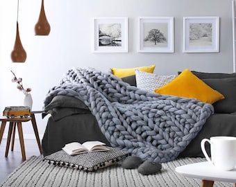Chunky knit Blanket. FREE Ship! Chunky knit Throw, pure Merino wool. Giant knit blanket, knitted blanket, large knit blanket, wool throw