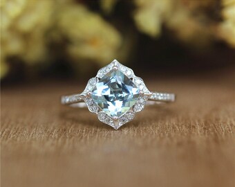 Vintage Floral Cushion 7mm Aquamarine Ring in 14K White Gold,Half Eternity Diamonds/Wedding&Engagement Ring/Promise Ring/Anniversary Ring
