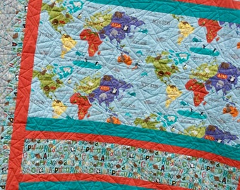 World Map Child's Quilt, Animals of the World Quilt Kit, Teacher Quilt, Kids Quilt Kit Atlas Quilt Kit, Orange, Blue, Yellow