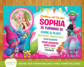 Trolls Birthday Invitation, Trolls Invitation, Trolls Party, Trolls Birthday, Trolls, FREE Thank you Card!