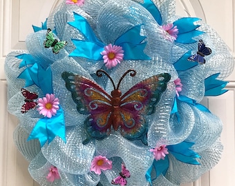 Deco Mesh Wreath, 10 inch Frame, Blue Deco Mesh with Metal Butterfly, Blue Ribbons, Pink Flowers, Little Butterflies, Front Door Wreath