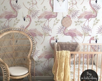 Flamingo wall mural, Pastel, Pink wallpaper, Kids wallpaper, Removable, Self adhesive, Nursery wall mural, Vintage, Floral #28