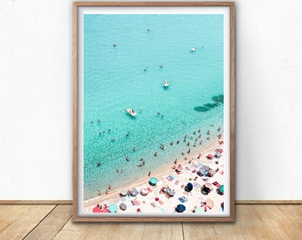 Beach Art Print, Areal Beach, Printable Wall Art, Beach Photography, Modern Minimal, Umbrella Print, Seaside Art, Teal Art, Digital Download