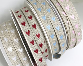 Linen heart ribbon, embroidered ribbon , cotton linen ribbon, twine, Bertie's bows, craft ribbon, sewing ribbon, sold by the meter