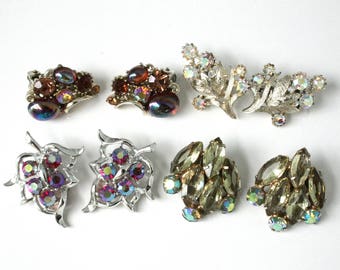 Vintage Rhinestone Clip On Earrings Lot , Aurora Borealis, Lisner, Coro, Juliana, Sarah Coventry