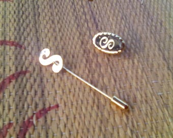 Vintage Initial Hat Pin and Regular Pin Letter S Gold
