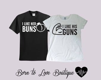 Buns / Guns Couple Gym shirts- Bride / Groom shirts - Couple shirts, Cute Shirts, Engagement Gift, Newlyweds Gift, Anniversary, Swole mates