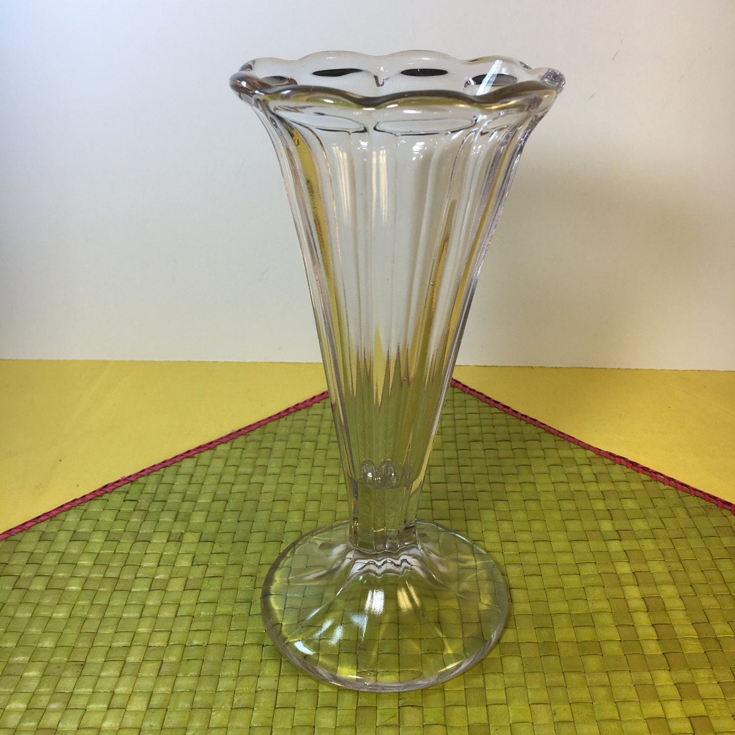 Vintage Pink ish Glass Vase, Pedestal Footed Vase w/Wavy Rim, 8 Glass Vase, 8 Ribbed Glass Vase,