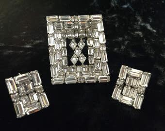 Vintage Sherman 3 Dimensional Clear Rhinestone Brooch and Earrings