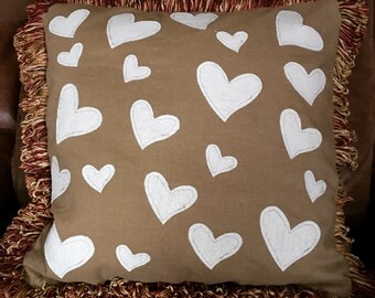 16x16 Tan Linen pillow with hearts