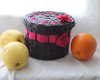 Wicker basket from paper with lid and pink ribbon Storage basket Lidded basket Willow basket Box for present Basket for gift Handwovenbasket