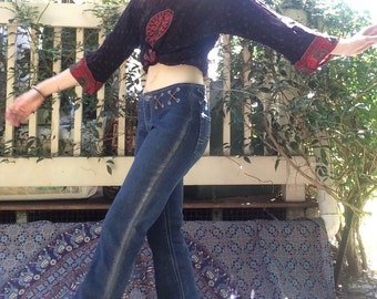 Womens Retro 70s Flared Jeans, With Sparkle Detailing