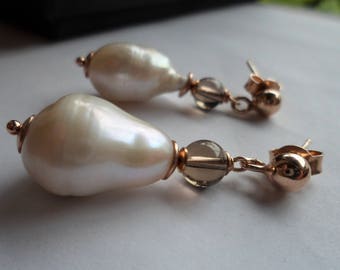 Pearl drop earrings, Silver 925, Smokey Quartz//anniversary/gift/gift for her