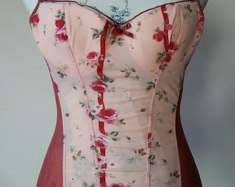 Vintage italian bustier corset top pink rose flower soft fabric no bones but wire cups sexy yet breezy under jacket size 34 italian size 2